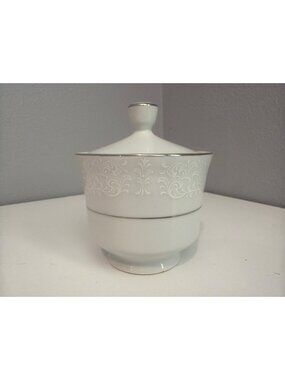 Vintage Rose China Sugar Bowl White Spanish Lace Pattern Silver Trim MadeJapan